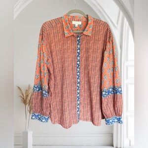 PURE JILL J JILL Organic Mixed Print Button Front‎ Top Shirt Boho Cotton L